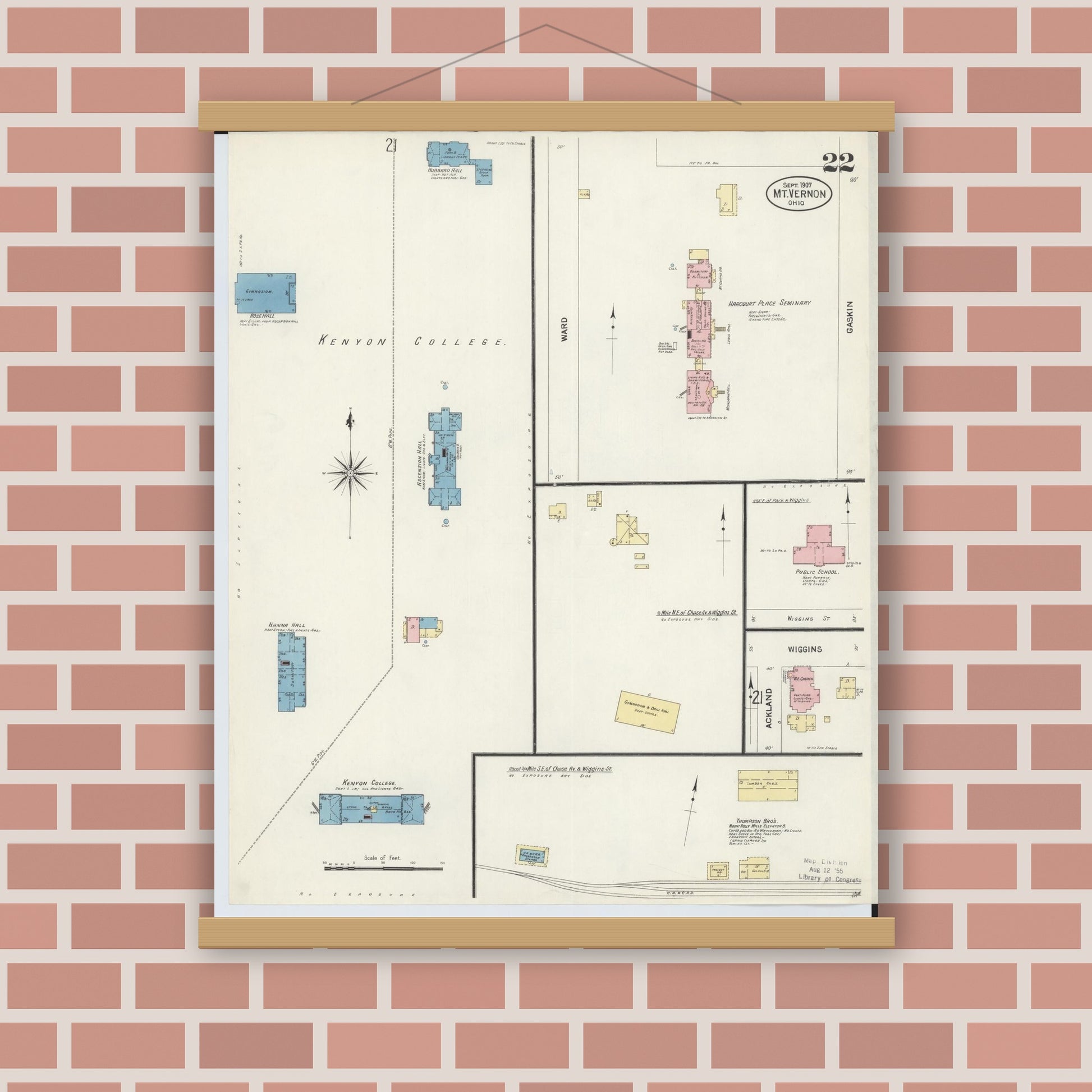 Old map wall art mockup — magnetic wood frame on brick wall — Sanborn Fire Insurance Map from Mount Vernon, Knox County, Ohio (1907), Sheet #0022