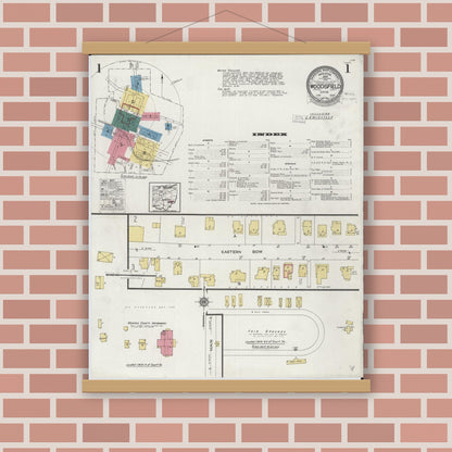 Old map wall art mockup — magnetic wood frame on brick wall — Sanborn Fire Insurance Map from Woodsfield, Monroe County, Ohio (1923), Sheet #0001