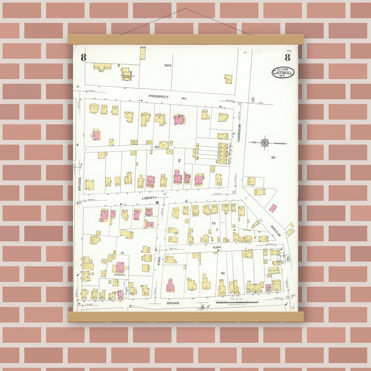 Old map wall art mockup — magnetic wood frame on brick wall — Sanborn Fire Insurance Map from Catskill, Greene County, New York (1923), Sheet #0008
