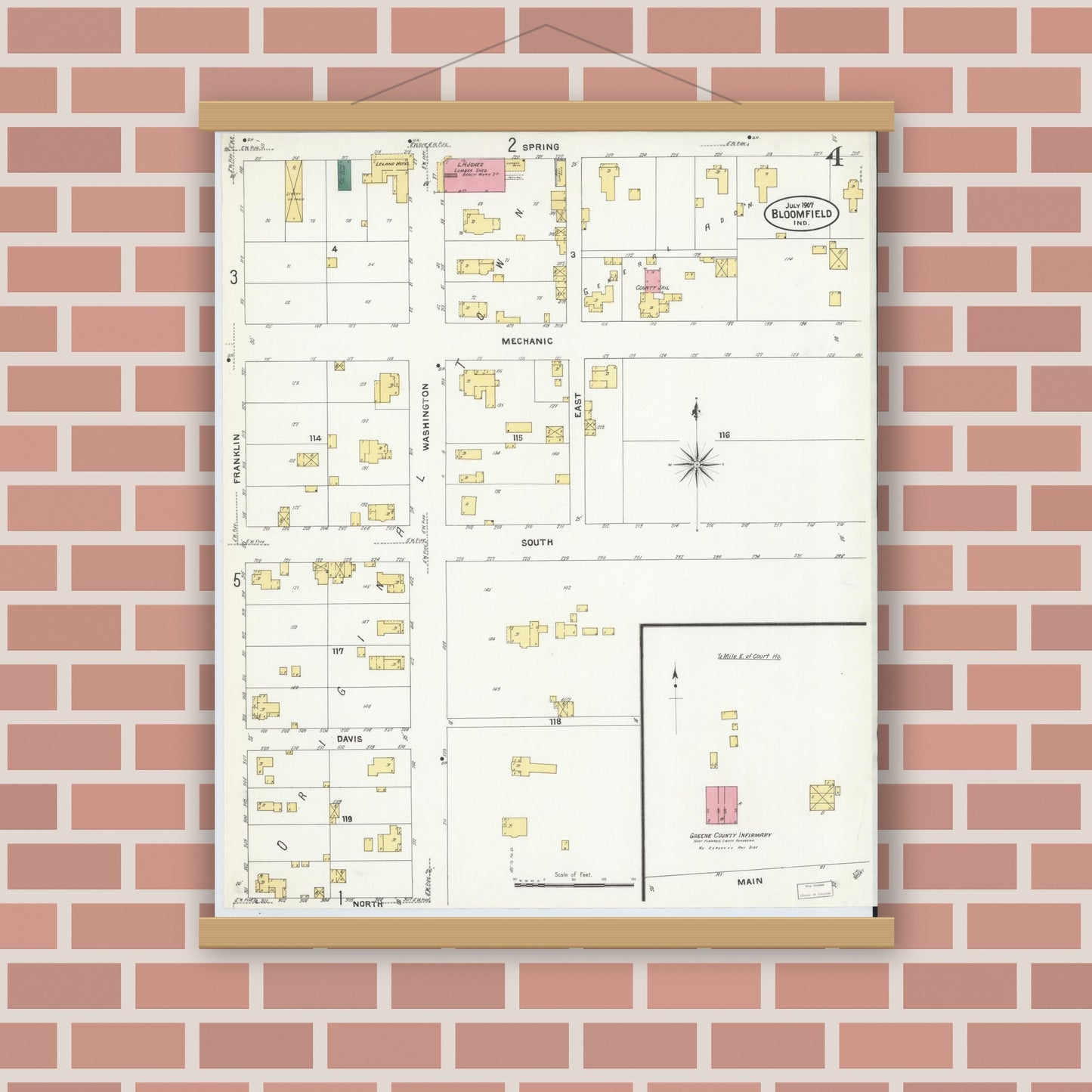 Old map wall art mockup — magnetic wood frame on brick wall — Sanborn Fire Insurance Map from Bloomfield, Greene County, Indiana (1907), Sheet #0004