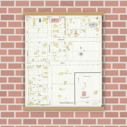 Old map wall art mockup — magnetic wood frame on brick wall — Sanborn Fire Insurance Map from Bloomfield, Greene County, Indiana (1907), Sheet #0004