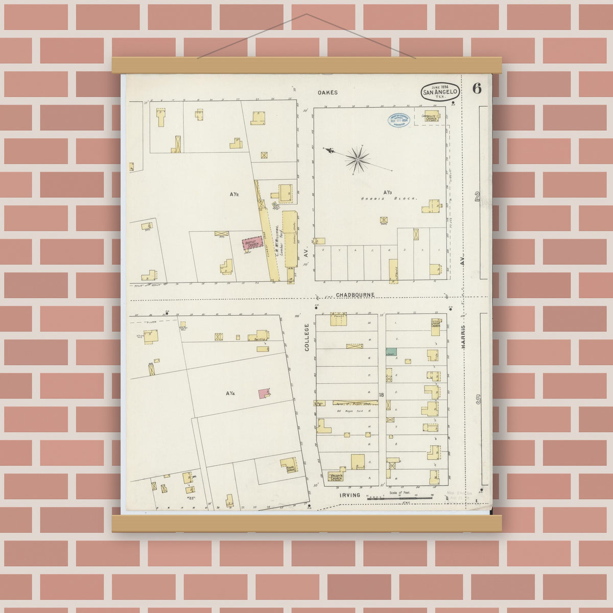 Old map wall art mockup — magnetic wood frame on brick wall — Sanborn Fire Insurance Map from San Angelo, Tom Green County, Texas (1894), Sheet #0006
