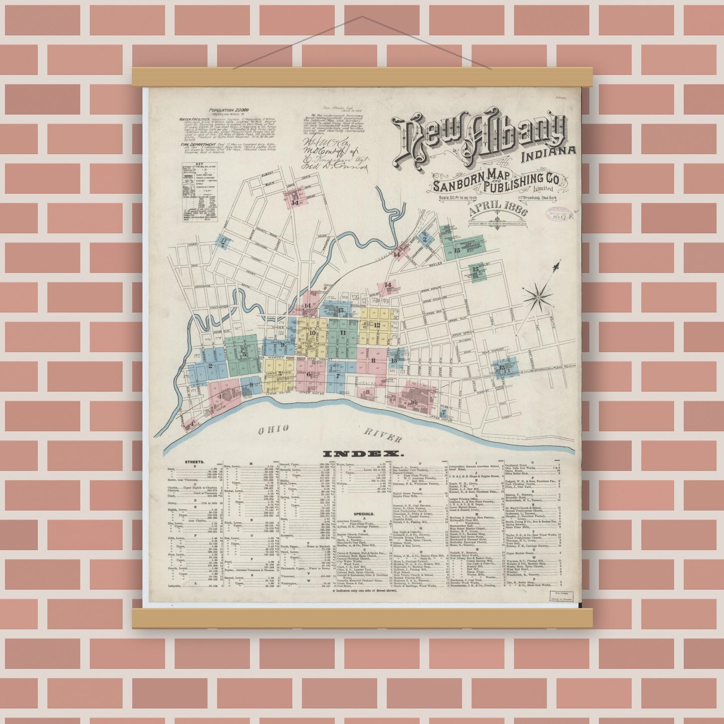Old map wall art mockup — magnetic wood frame on brick wall — Sanborn Fire Insurance Map from New Albany, Floyd County, Indiana (1886) - Complete Map Set