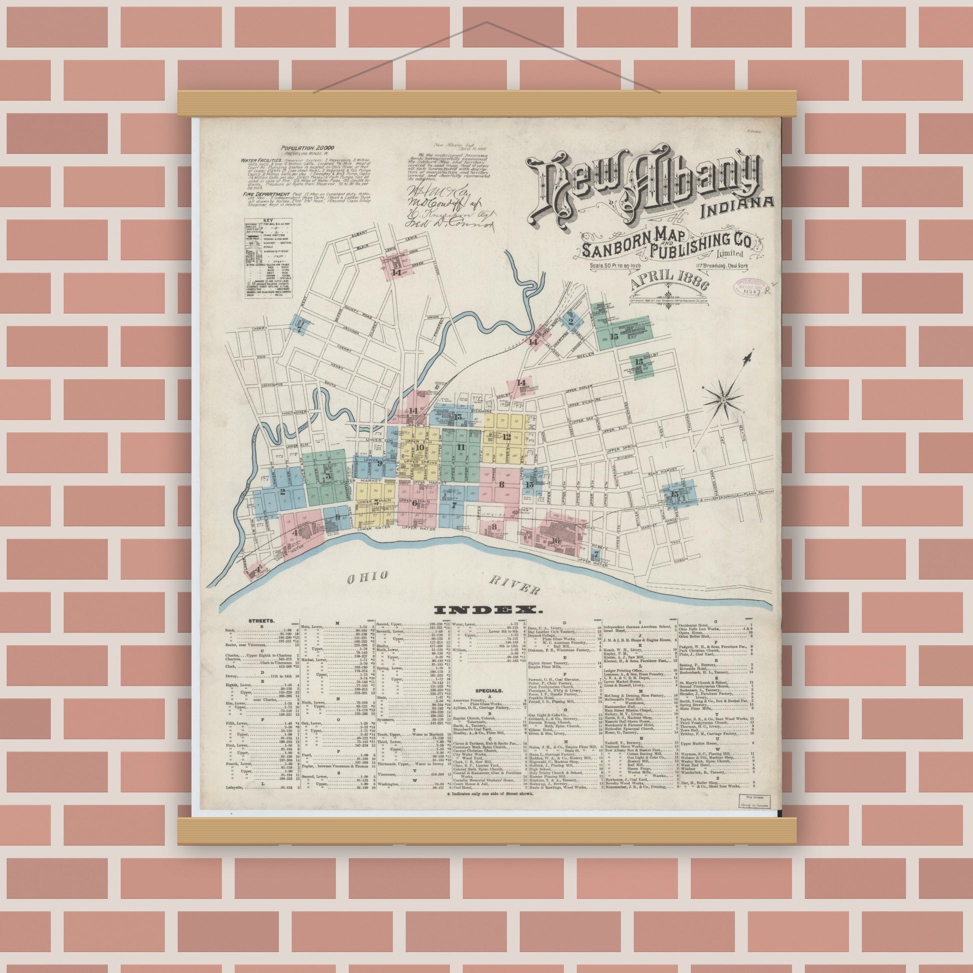 Old map wall art mockup — magnetic wood frame on brick wall — Sanborn Fire Insurance Map from New Albany, Floyd County, Indiana (1886) - Complete Map Set