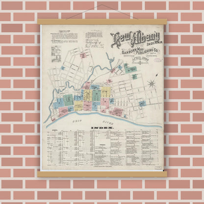 Old map wall art mockup — magnetic wood frame on brick wall — Sanborn Fire Insurance Map from New Albany, Floyd County, Indiana (1886) - Complete Map Set