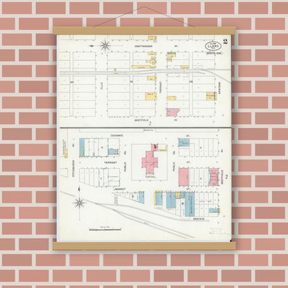 Old map wall art mockup — magnetic wood frame on brick wall — Sanborn Fire Insurance Map from Llano, Llano County, Texas (1900), Sheet #0002