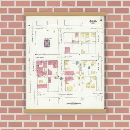 Old map wall art mockup — magnetic wood frame on brick wall — Sanborn Fire Insurance Map from Shelby, Cleveland County, North Carolina (1921), Sheet #0003