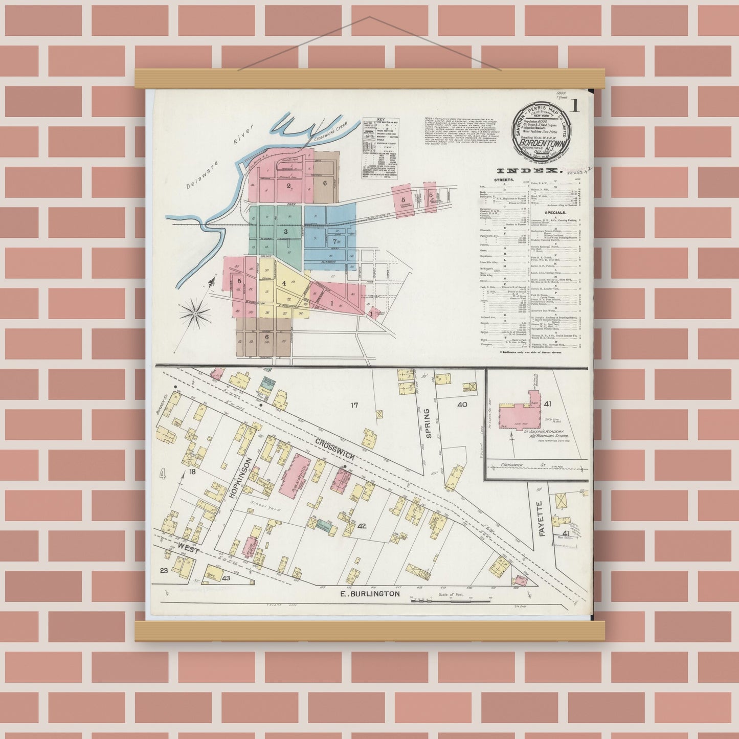 Old map wall art mockup — magnetic wood frame on brick wall — Sanborn Fire Insurance Map from Bordentown, Burlington County, New Jersey (1892), Sheet #0001
