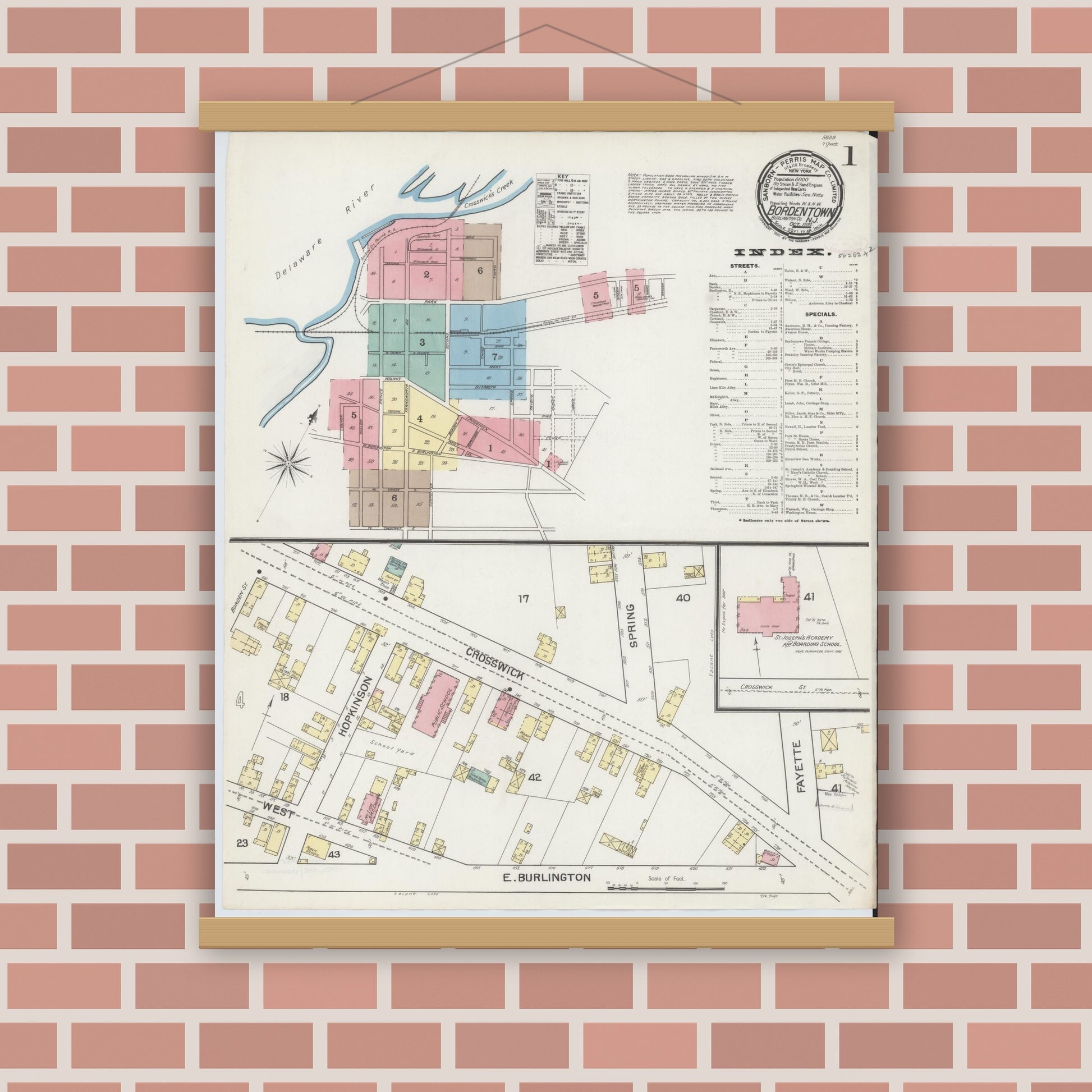 Old map wall art mockup — magnetic wood frame on brick wall — Sanborn Fire Insurance Map from Bordentown, Burlington County, New Jersey (1892), Sheet #0001