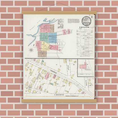 Old map wall art mockup — magnetic wood frame on brick wall — Sanborn Fire Insurance Map from Bordentown, Burlington County, New Jersey (1892), Sheet #0001