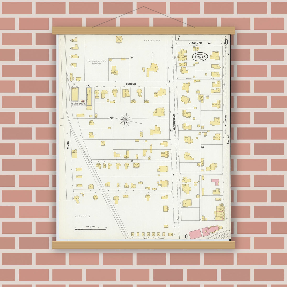 Old map wall art mockup — magnetic wood frame on brick wall — Sanborn Fire Insurance Map from Tyler, Smith County, Texas (1902), Sheet #0008