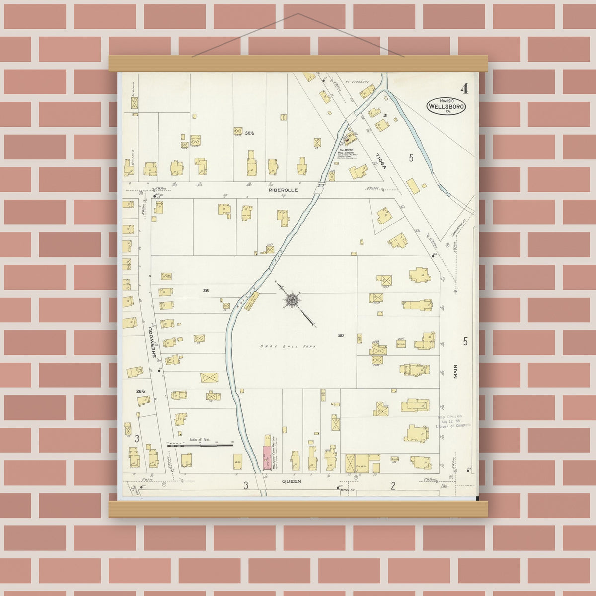 Old map wall art mockup — magnetic wood frame on brick wall — Sanborn Fire Insurance Map from Wellsboro, Tioga County, Pennsylvania (1910), Sheet #0004