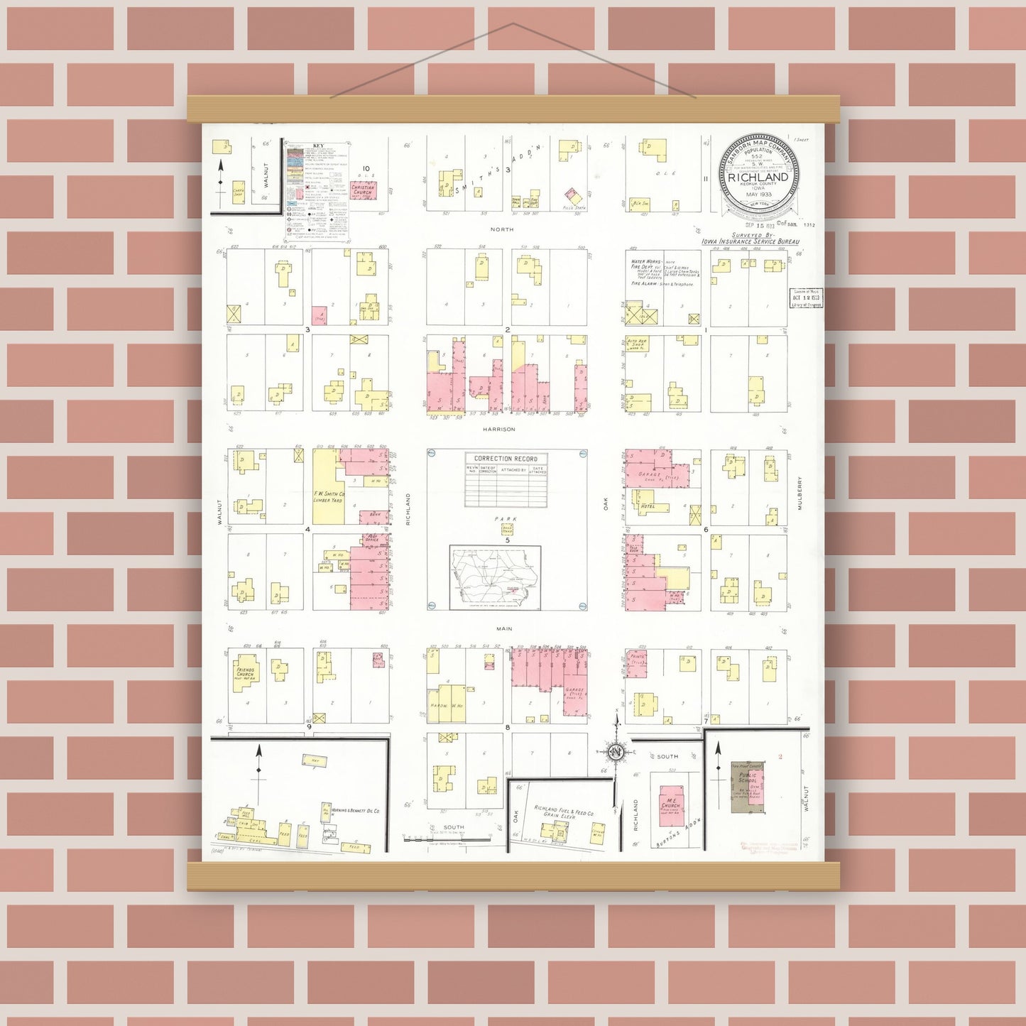 Old map wall art mockup — magnetic wood frame on brick wall — Sanborn Fire Insurance Map from Richland, Keokuk County, Iowa (1933), Sheet #0001