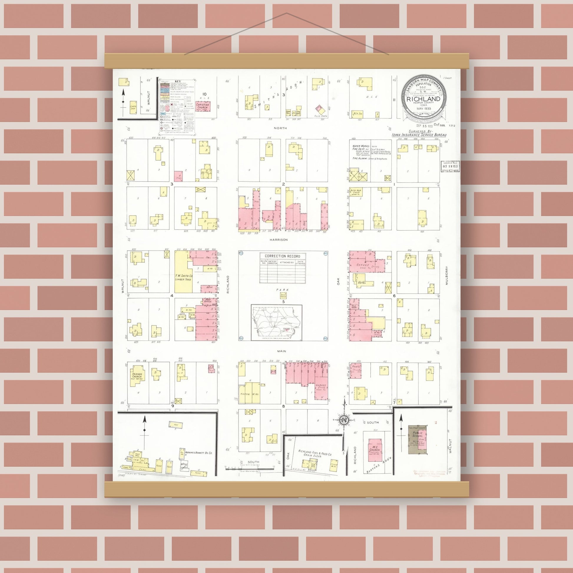 Old map wall art mockup — magnetic wood frame on brick wall — Sanborn Fire Insurance Map from Richland, Keokuk County, Iowa (1933), Sheet #0001