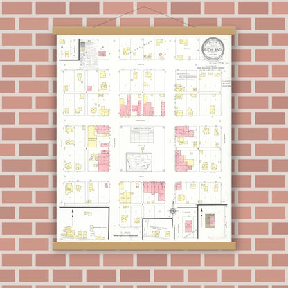 Old map wall art mockup — magnetic wood frame on brick wall — Sanborn Fire Insurance Map from Richland, Keokuk County, Iowa (1933), Sheet #0001