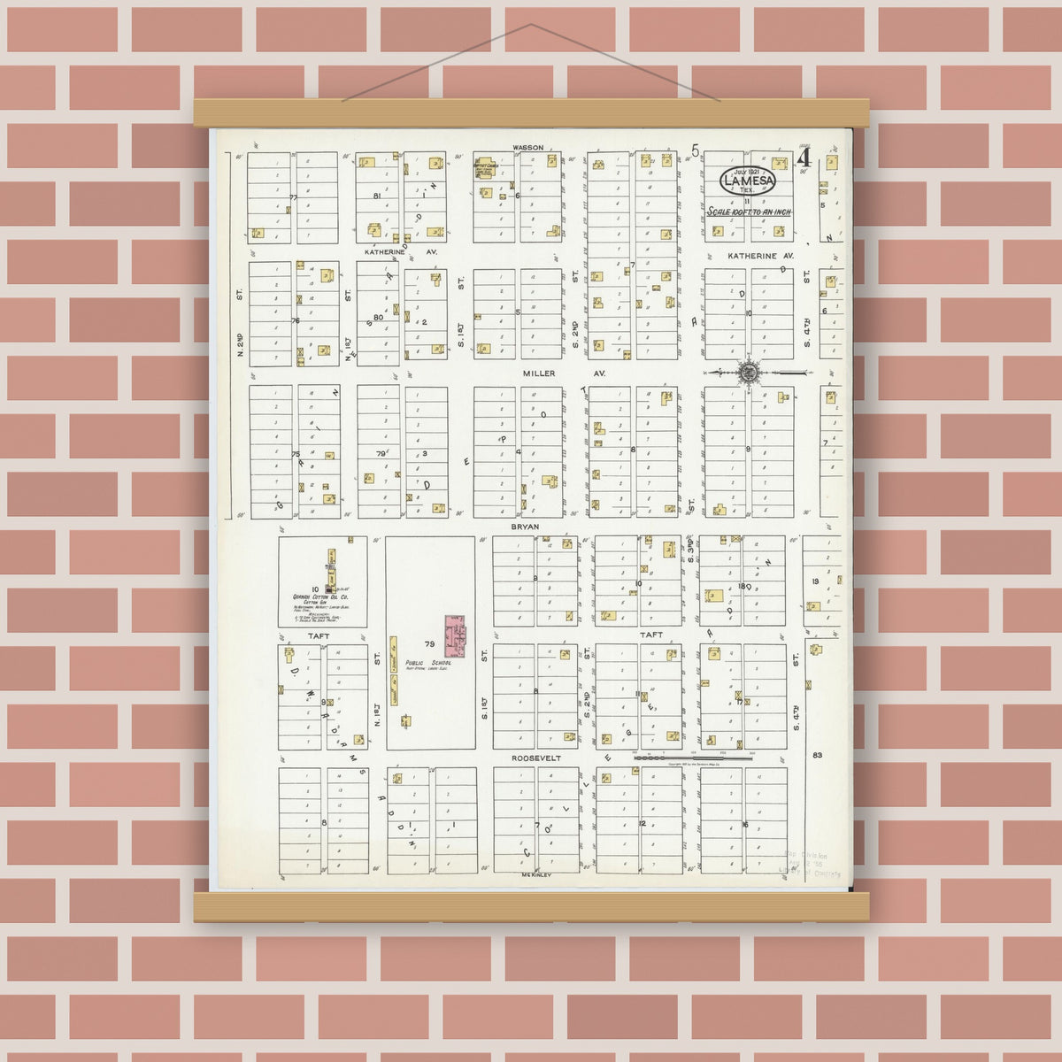 Old map wall art mockup — magnetic wood frame on brick wall — Sanborn Fire Insurance Map from Lamesa, Dawson County, Texas (1921), Sheet #0004