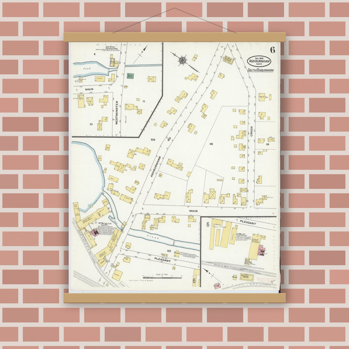 Old map wall art mockup — magnetic wood frame on brick wall — Sanborn Fire Insurance Map from Ashburnham, Worcester County, Massachusetts (1909), Sheet #0006