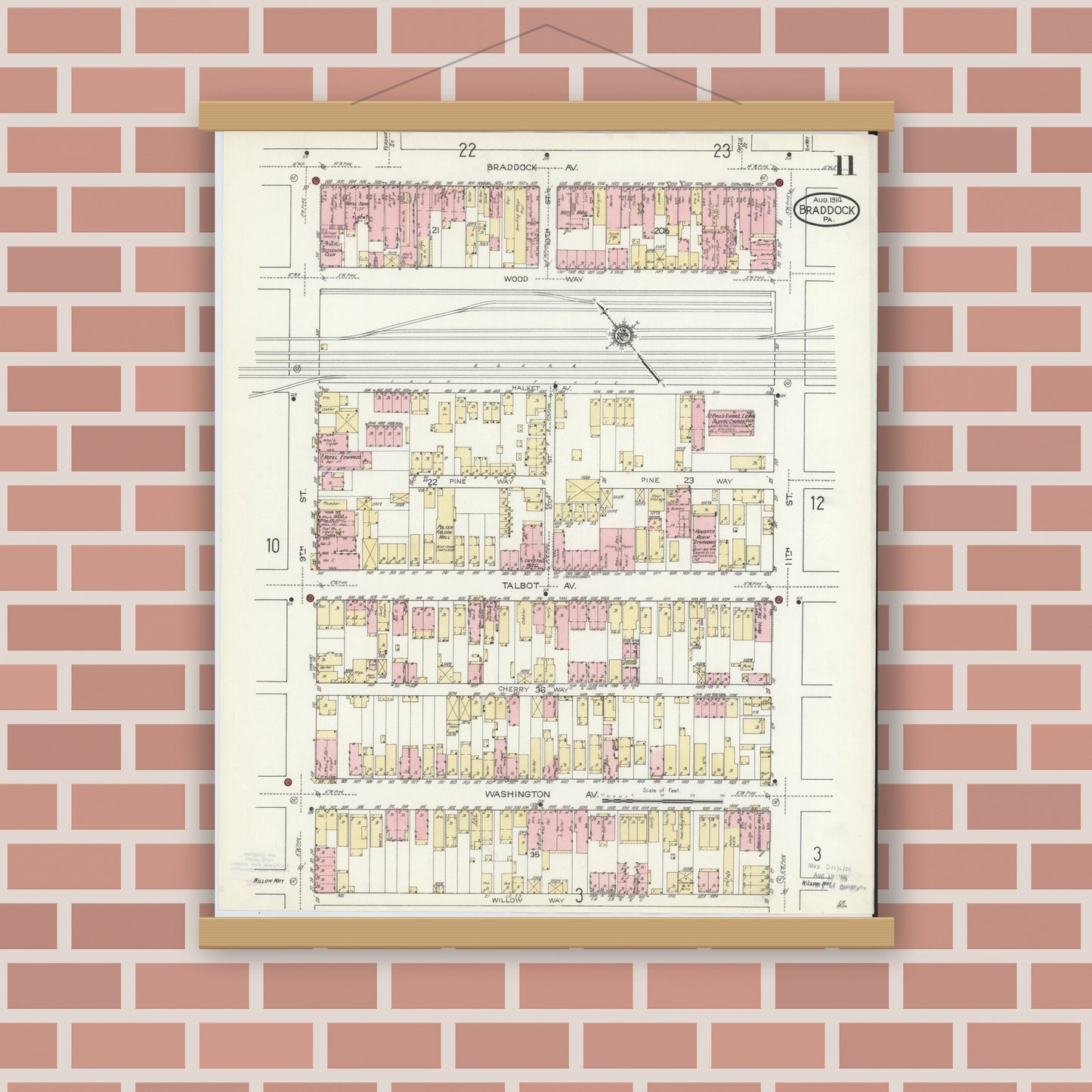 Old map wall art mockup — magnetic wood frame on brick wall — Sanborn Fire Insurance Map from Braddock, Allegheny County, Pennsylvania (1914), Sheet #0011