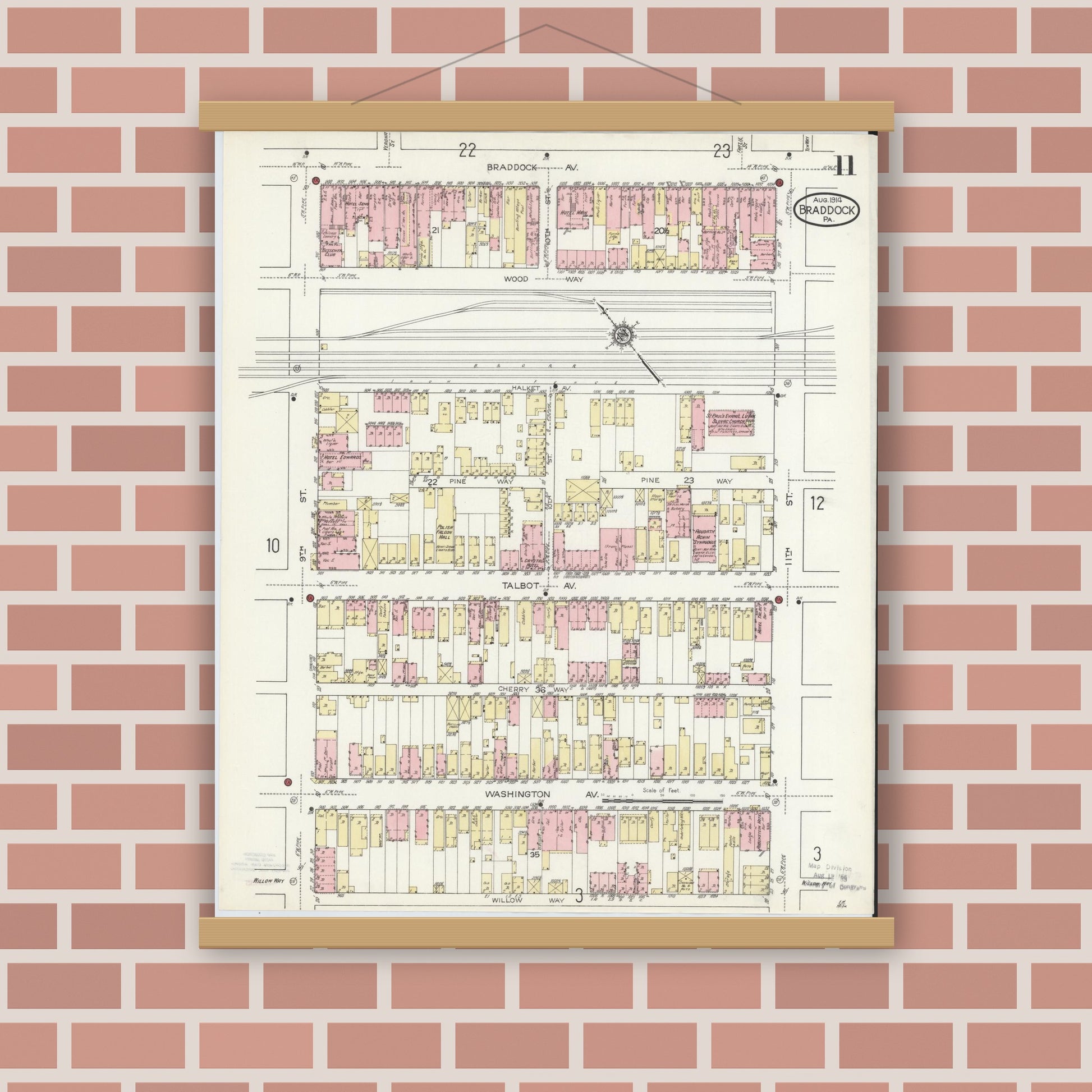 Old map wall art mockup — magnetic wood frame on brick wall — Sanborn Fire Insurance Map from Braddock, Allegheny County, Pennsylvania (1914), Sheet #0011