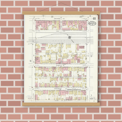 Old map wall art mockup — magnetic wood frame on brick wall — Sanborn Fire Insurance Map from Braddock, Allegheny County, Pennsylvania (1914), Sheet #0011