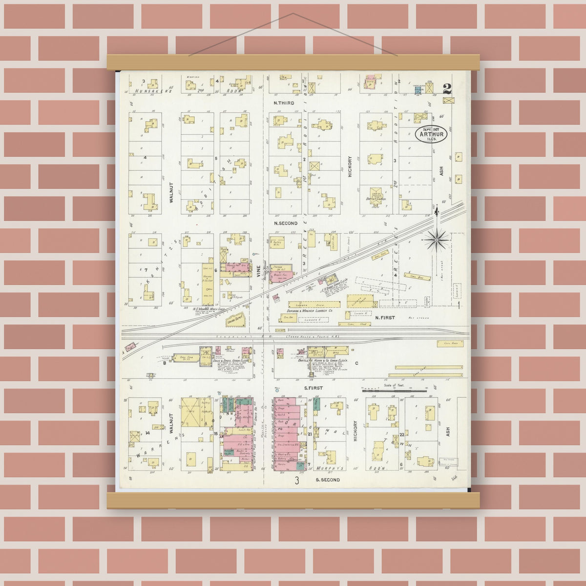 Old map wall art mockup — magnetic wood frame on brick wall — Sanborn Fire Insurance Map from Arthur, Moultrie And Douglas Counties, Illinois (1907), Sheet #0002