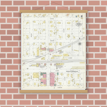 Old map wall art mockup — magnetic wood frame on brick wall — Sanborn Fire Insurance Map from Arthur, Moultrie And Douglas Counties, Illinois (1907), Sheet #0002