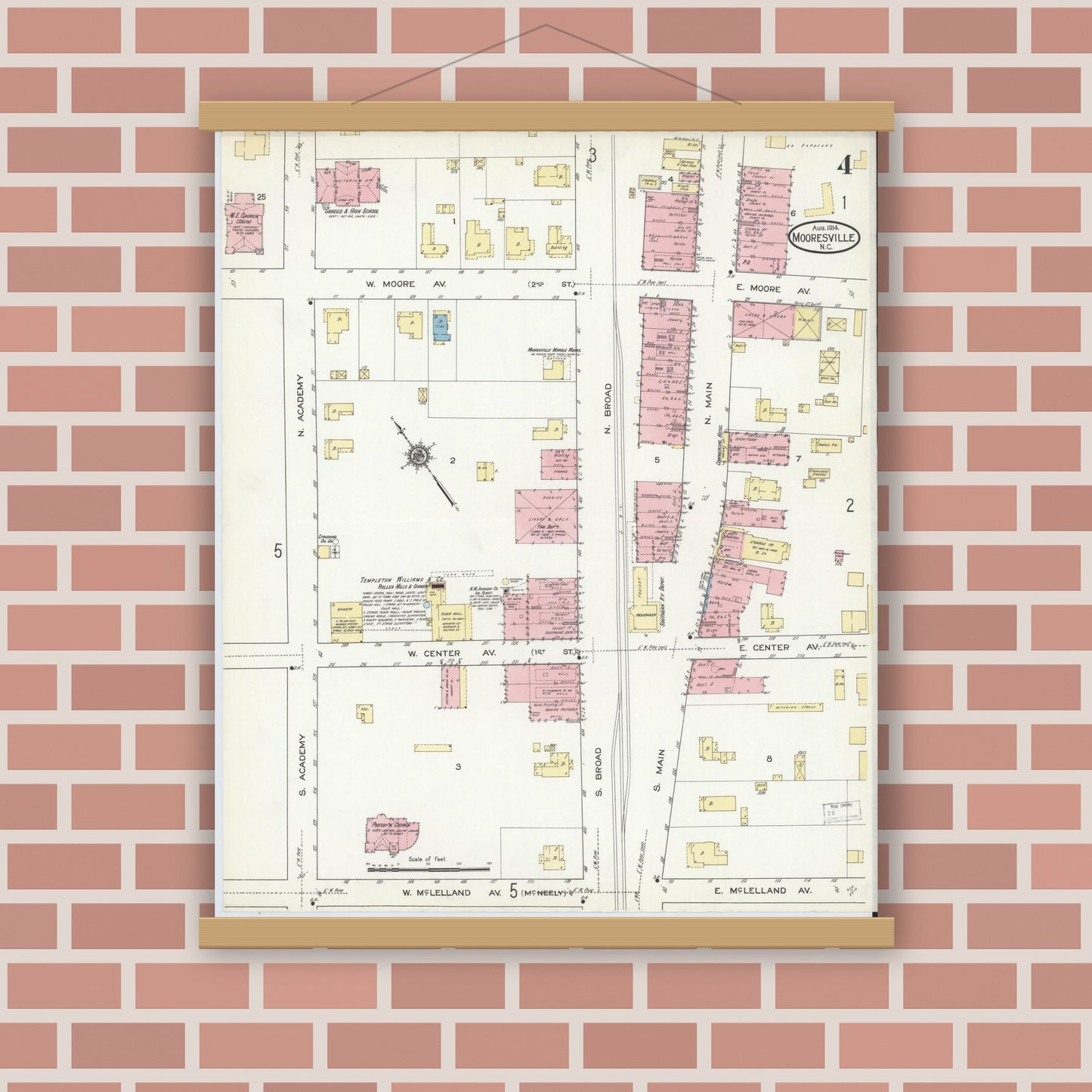 Old map wall art mockup — magnetic wood frame on brick wall — Sanborn Fire Insurance Map from Mooresville, Iredell County, North Carolina (1914), Sheet #0004