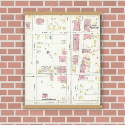 Old map wall art mockup — magnetic wood frame on brick wall — Sanborn Fire Insurance Map from Mooresville, Iredell County, North Carolina (1914), Sheet #0004