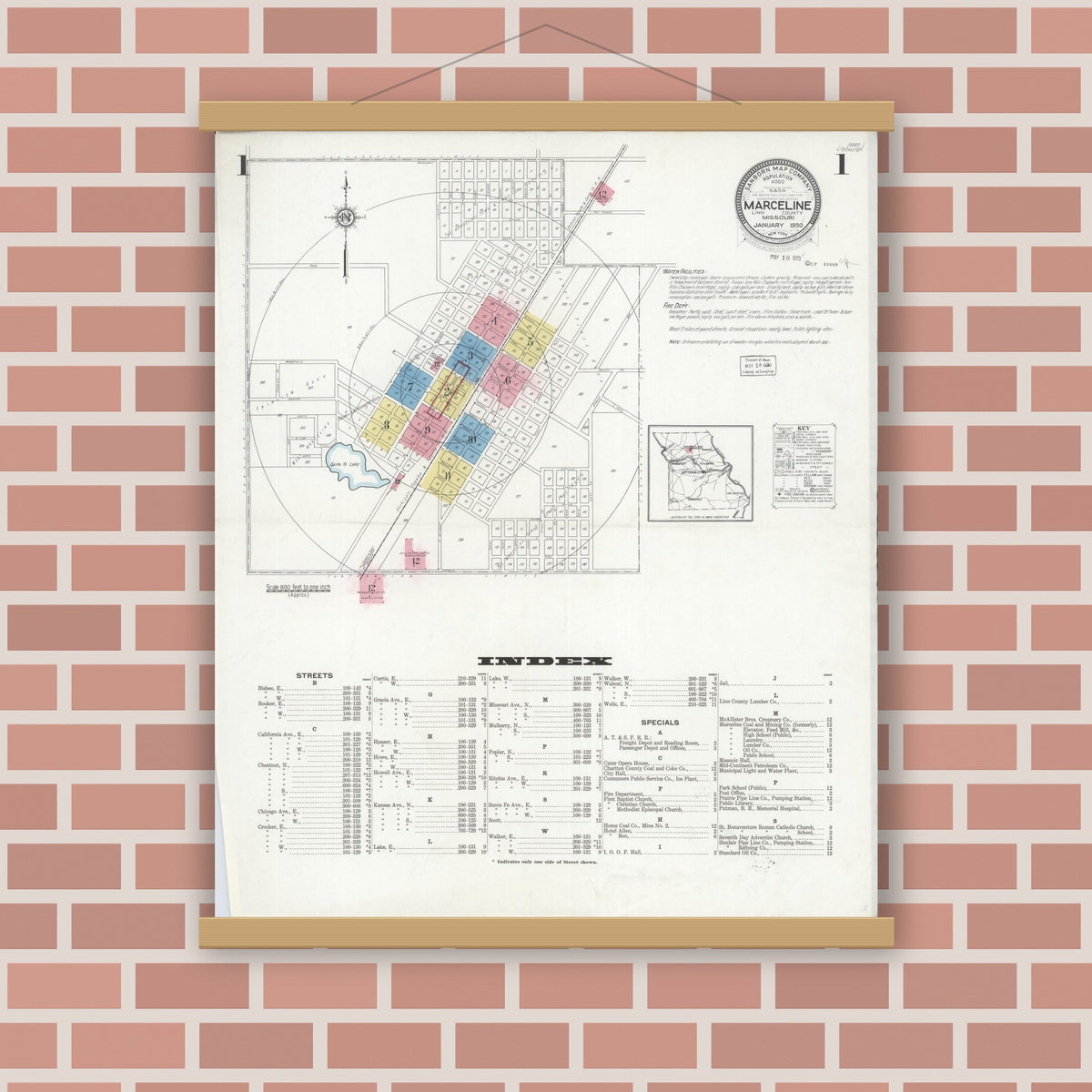 Old map wall art mockup — magnetic wood frame on brick wall — Sanborn Fire Insurance Map from Marceline, Linn County, Missouri (1930) - Complete Map Set