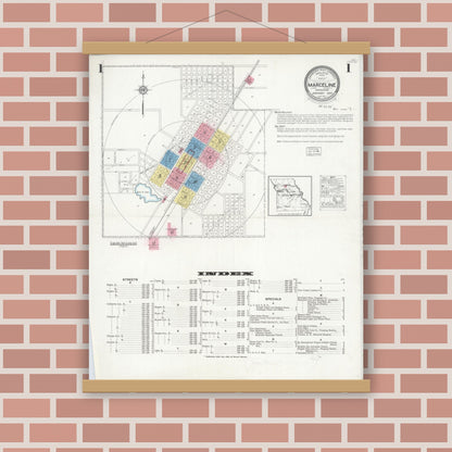 Old map wall art mockup — magnetic wood frame on brick wall — Sanborn Fire Insurance Map from Marceline, Linn County, Missouri (1930) - Complete Map Set