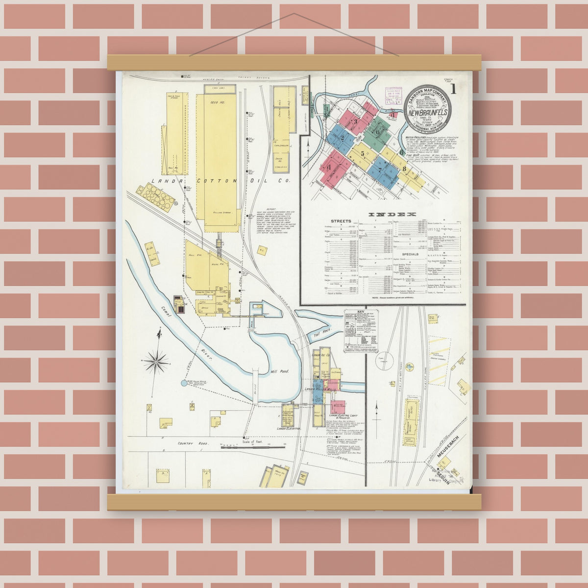 Old map wall art mockup — magnetic wood frame on brick wall — Sanborn Fire Insurance Map from New Braunfels, Comal County, Texas (1907) - Complete Map Set