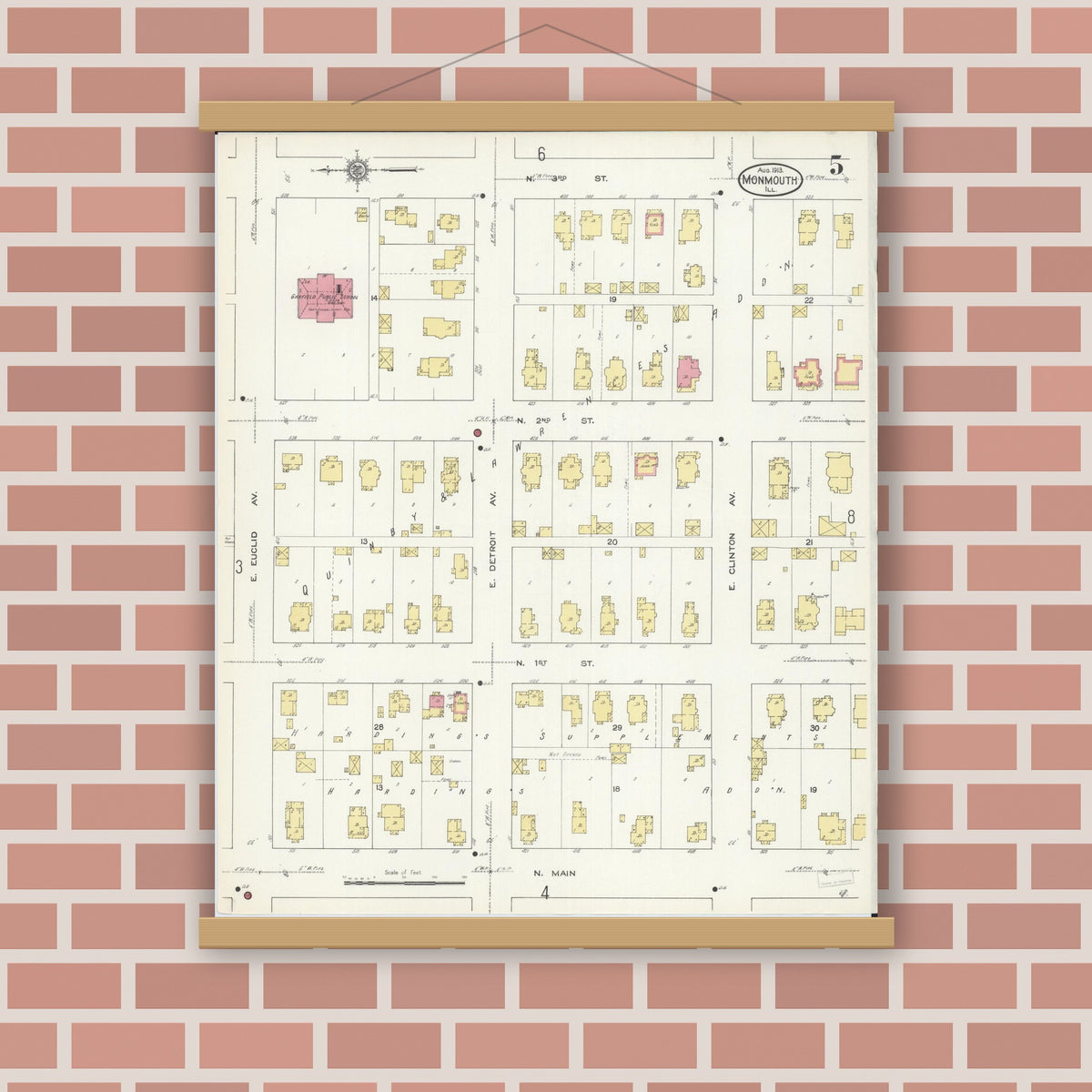 Old map wall art mockup — magnetic wood frame on brick wall — Sanborn Fire Insurance Map from Monmouth, Warren County, Illinois (1913), Sheet #0005