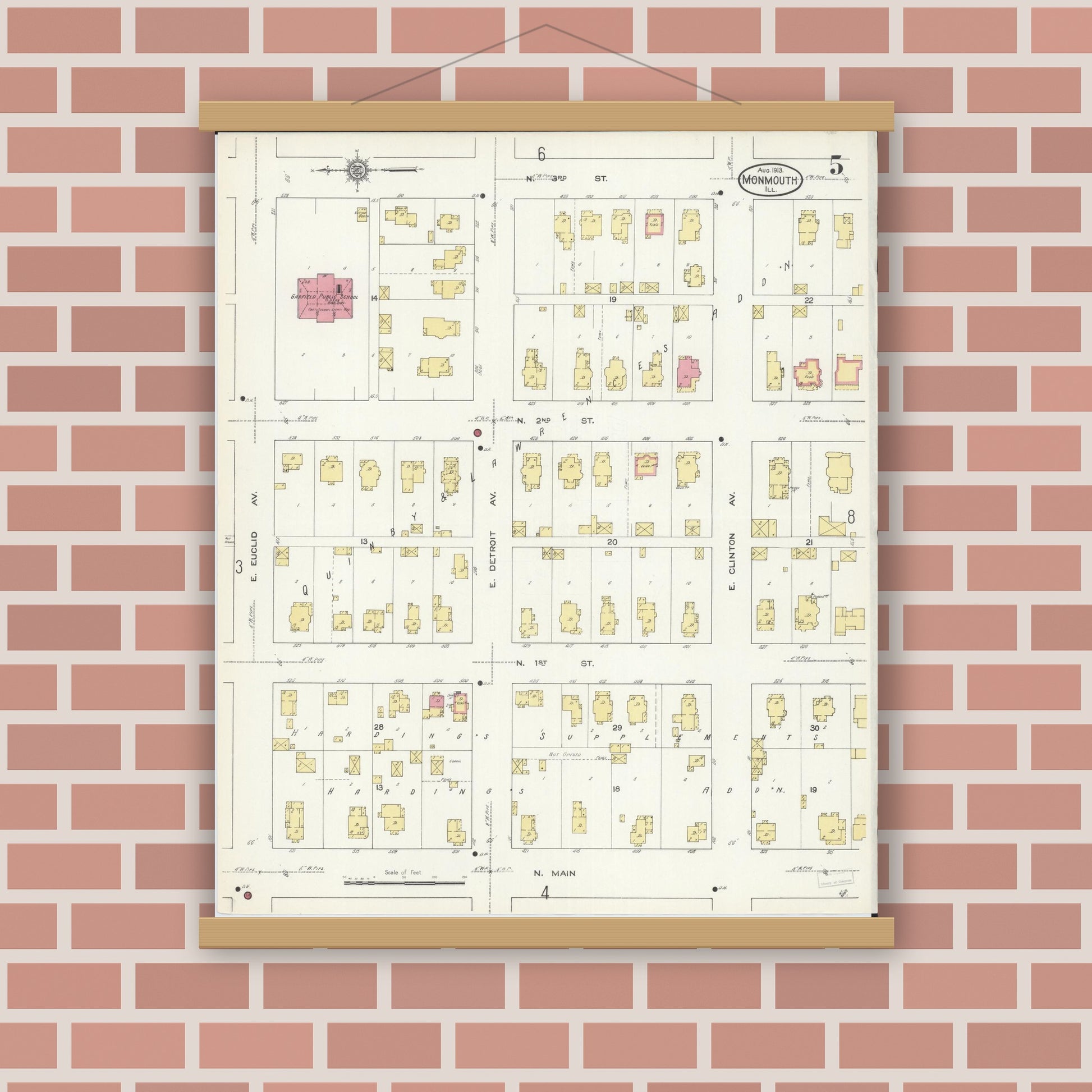Old map wall art mockup — magnetic wood frame on brick wall — Sanborn Fire Insurance Map from Monmouth, Warren County, Illinois (1913), Sheet #0005