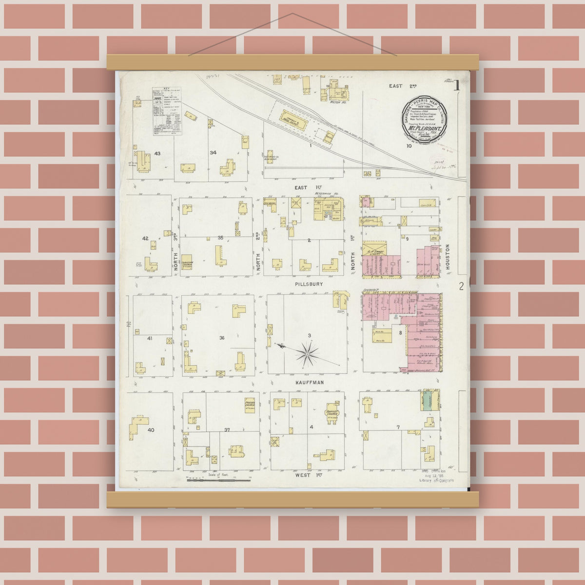 Old map wall art mockup — magnetic wood frame on brick wall — Sanborn Fire Insurance Map from Mount Pleasant, Titus County, Texas (1896), Sheet #0001