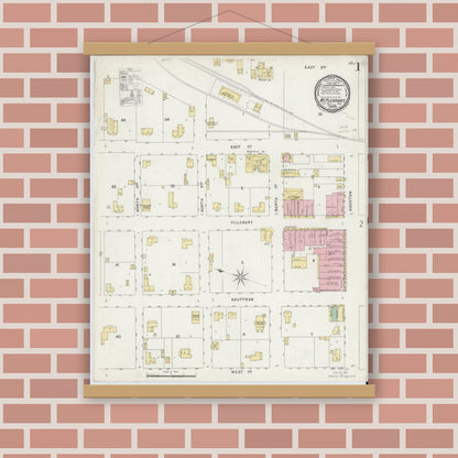 Old map wall art mockup — magnetic wood frame on brick wall — Sanborn Fire Insurance Map from Mount Pleasant, Titus County, Texas (1896), Sheet #0001
