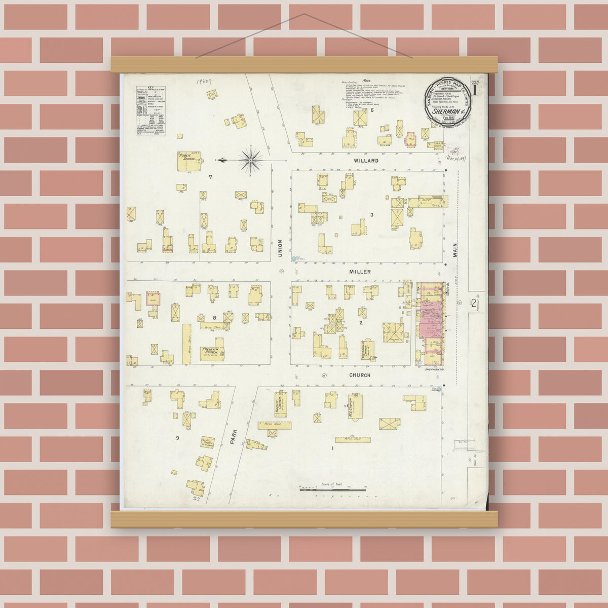 Old map wall art mockup — magnetic wood frame on brick wall — Sanborn Fire Insurance Map from Sherman, Chautauqua County, New York (1897), Sheet #0001