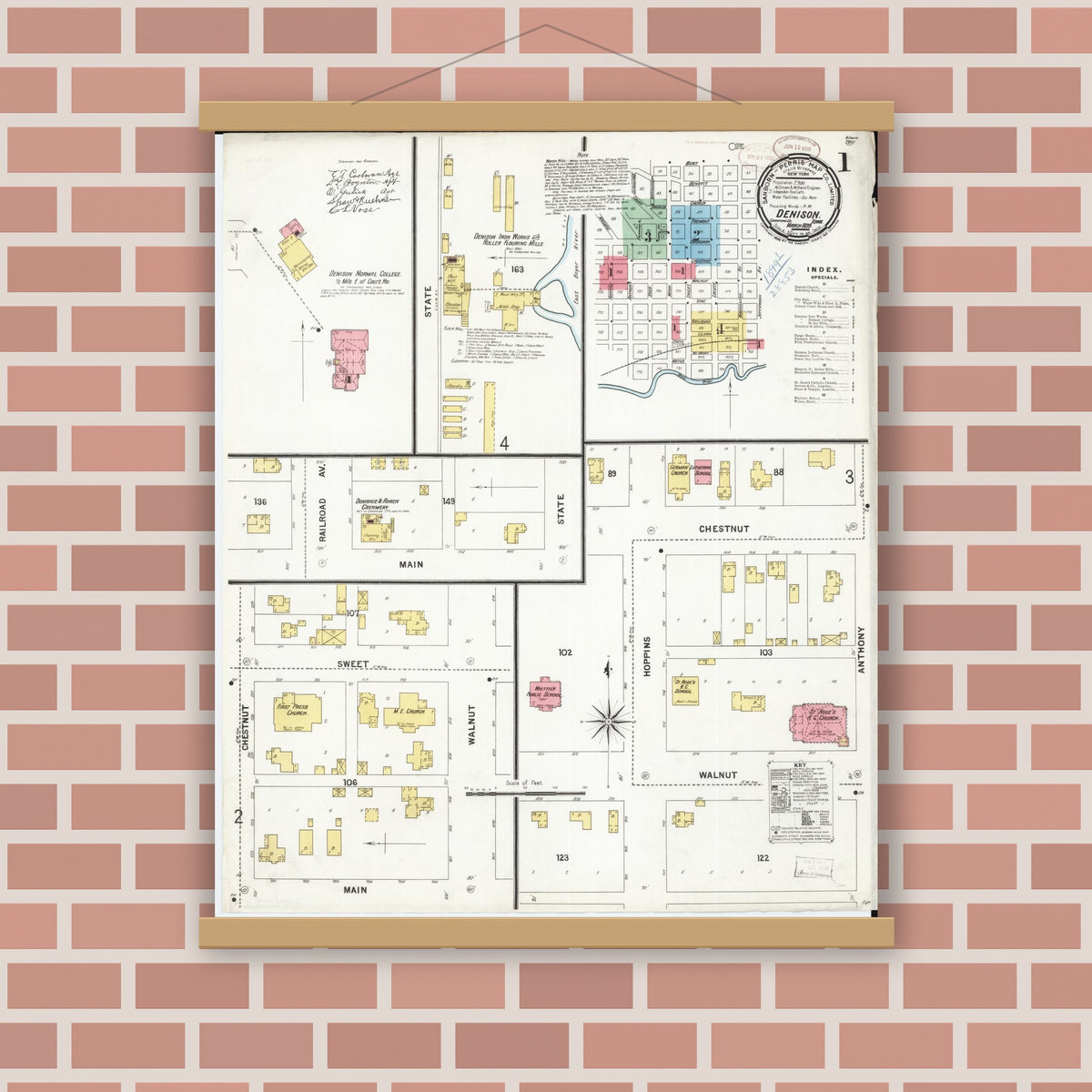 Old map wall art mockup — magnetic wood frame on brick wall — Sanborn Fire Insurance Map from Denison, Crawford County, Iowa (1899) â€” Complete Set