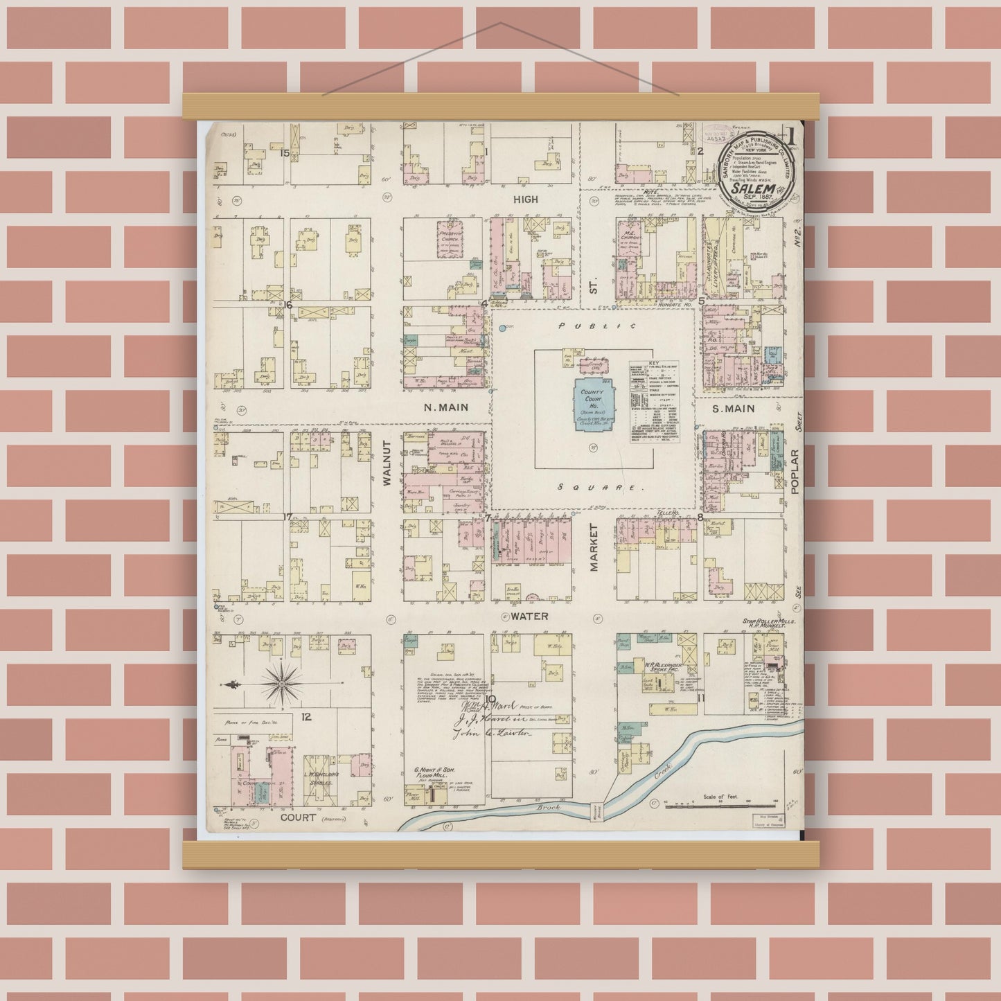 Old map wall art mockup — magnetic wood frame on brick wall — Sanborn Fire Insurance Map from Salem, Washington County, Indiana (1887) - Complete Map Set