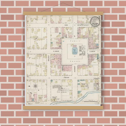 Old map wall art mockup — magnetic wood frame on brick wall — Sanborn Fire Insurance Map from Salem, Washington County, Indiana (1887) - Complete Map Set