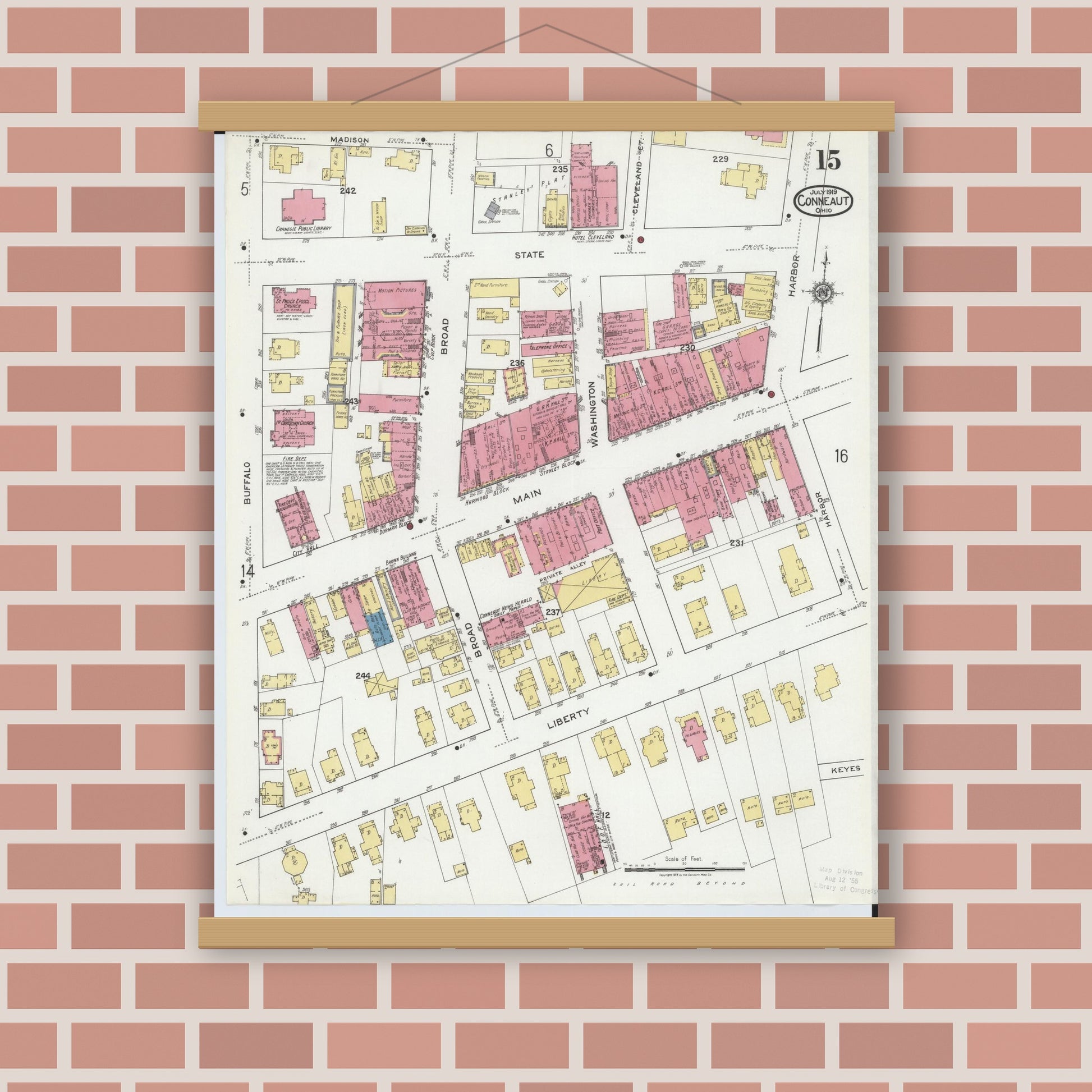 Old map wall art mockup — magnetic wood frame on brick wall — Sanborn Fire Insurance Map from Conneaut, Ashtabula County, Ohio (1919), Sheet #0015