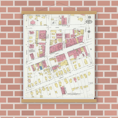 Old map wall art mockup — magnetic wood frame on brick wall — Sanborn Fire Insurance Map from Conneaut, Ashtabula County, Ohio (1919), Sheet #0015