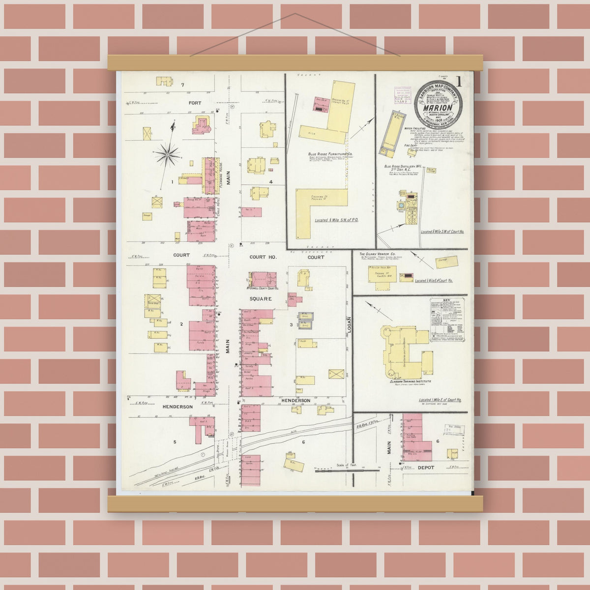 Old map wall art mockup — magnetic wood frame on brick wall — Sanborn Fire Insurance Map from Marion, Mcdowell County, North Carolina (1908) - Complete Map Set