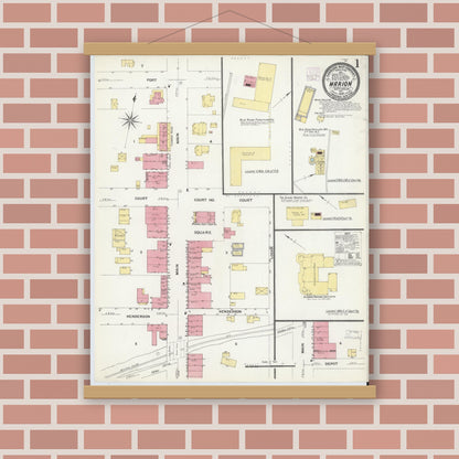 Old map wall art mockup — magnetic wood frame on brick wall — Sanborn Fire Insurance Map from Marion, Mcdowell County, North Carolina (1908) - Complete Map Set