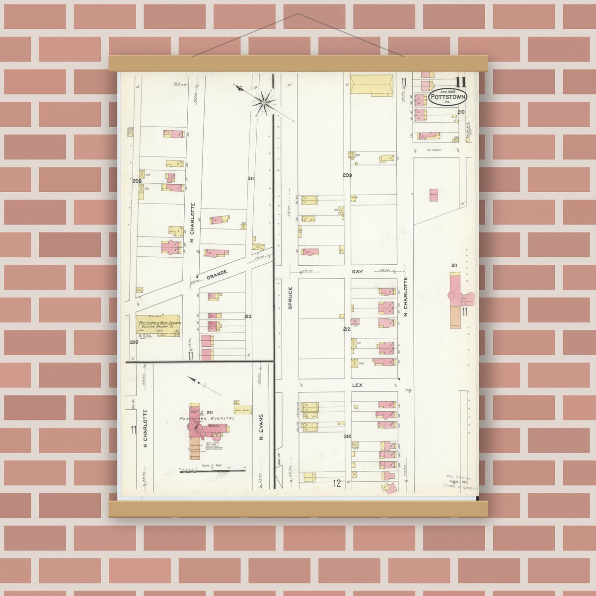 Old map wall art mockup — magnetic wood frame on brick wall — Sanborn Fire Insurance Map from Pottstown, Montgomery County, Pennsylvania (1909), Sheet #0011