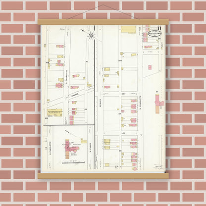 Old map wall art mockup — magnetic wood frame on brick wall — Sanborn Fire Insurance Map from Pottstown, Montgomery County, Pennsylvania (1909), Sheet #0011