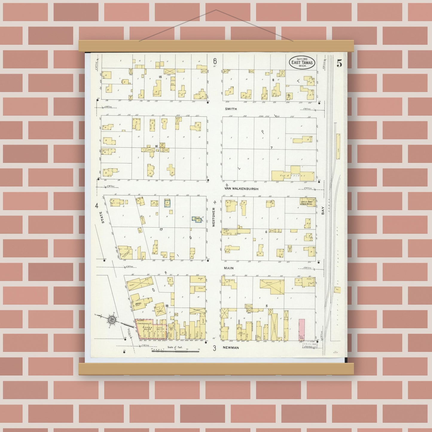 Old map wall art mockup — magnetic wood frame on brick wall — Sanborn Fire Insurance Map from East Tawas, Iosco County, Michigan (1910), Sheet #0005