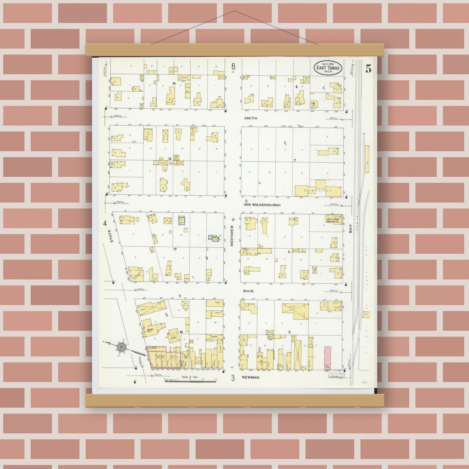 Old map wall art mockup — magnetic wood frame on brick wall — Sanborn Fire Insurance Map from East Tawas, Iosco County, Michigan (1910), Sheet #0005