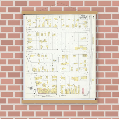Old map wall art mockup — magnetic wood frame on brick wall — Sanborn Fire Insurance Map from East Tawas, Iosco County, Michigan (1910), Sheet #0005