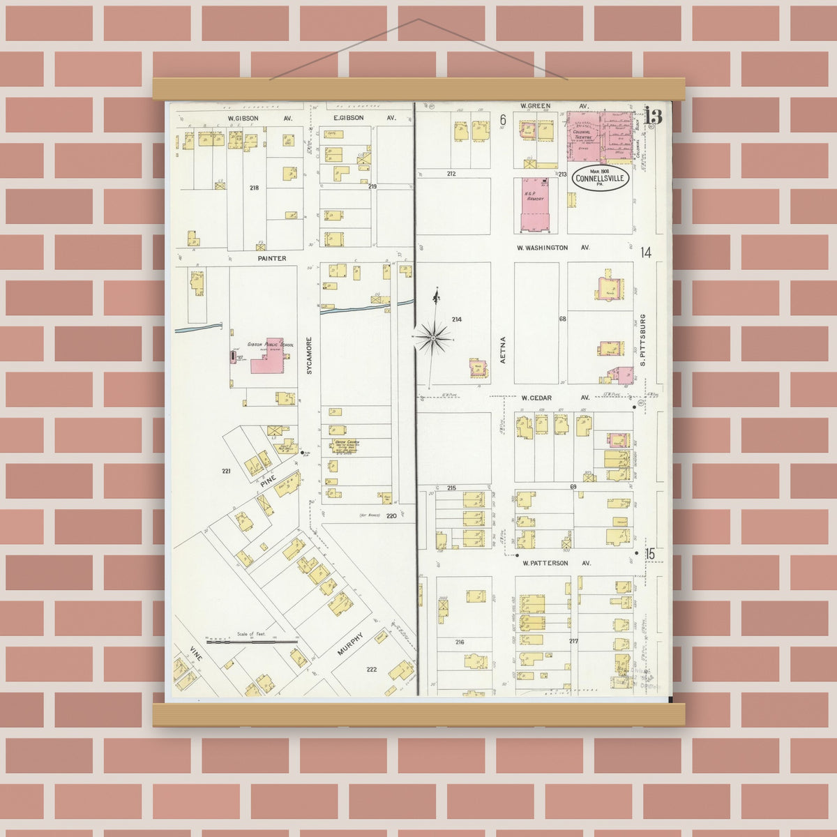 Old map wall art mockup — magnetic wood frame on brick wall — Sanborn Fire Insurance Map from Connellsville, Fayette County, Pennsylvania (1908), Sheet #0013