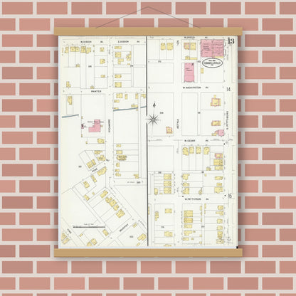 Old map wall art mockup — magnetic wood frame on brick wall — Sanborn Fire Insurance Map from Connellsville, Fayette County, Pennsylvania (1908), Sheet #0013